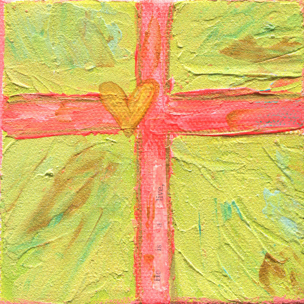 Pink and Green Cross "He is Alive" 4x4 inches: Cross Collection