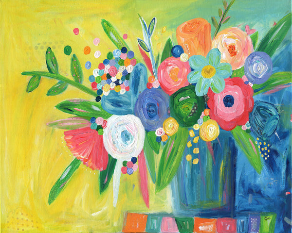 Yellow and Navy Multicolored Floral Painting Art Print