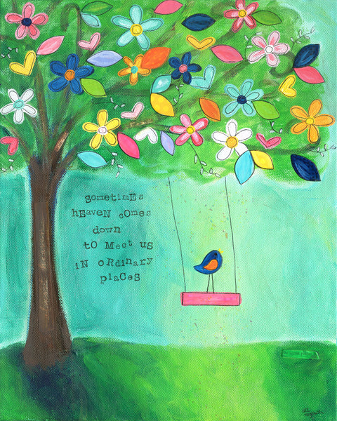 Almost Heaven Art print. Whimsical Tree Swing and bird painting.