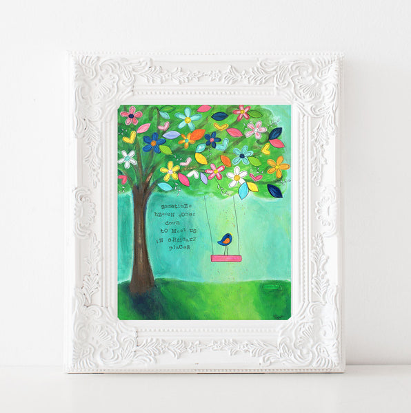 Almost Heaven Art print. Whimsical Tree Swing and bird painting.