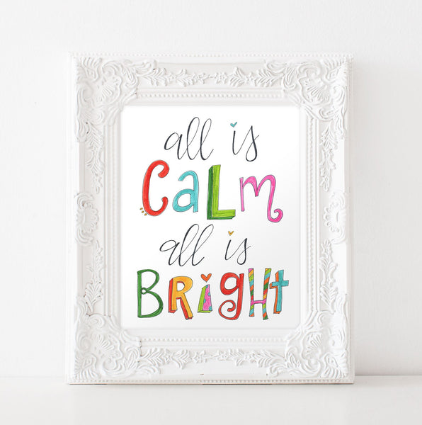 Silent Night All is calm all is bright • Handlettered Christmas Printable Art • Instant Download • Holiday Wall Decor • Christmas Decor