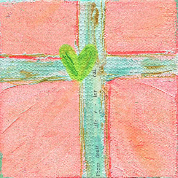 Pink and Aqua Cross "Life Eternal" 4x4 inches: Cross Collection