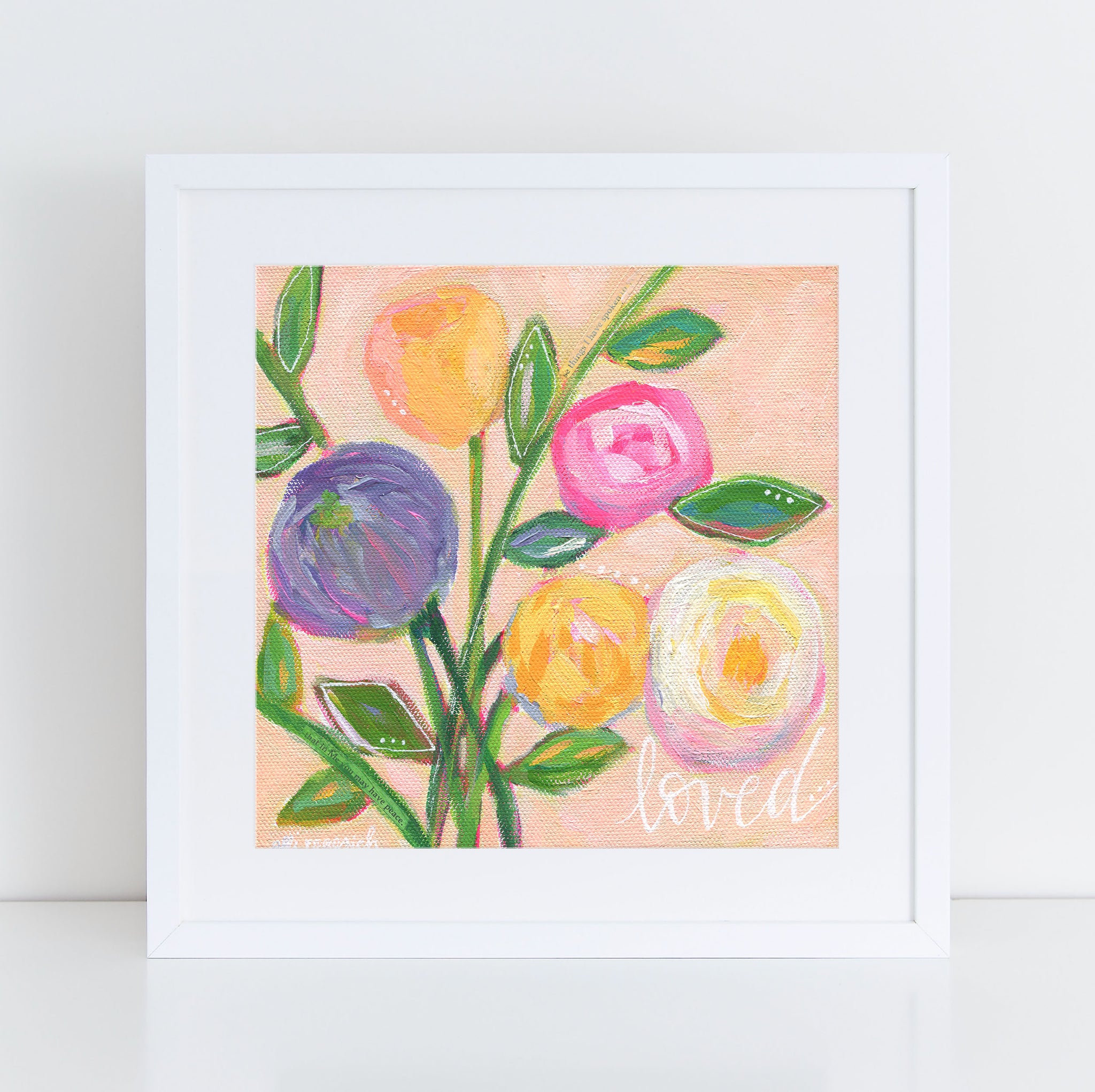 Art print: "Loved" Light Pink multi colored floral bouquet