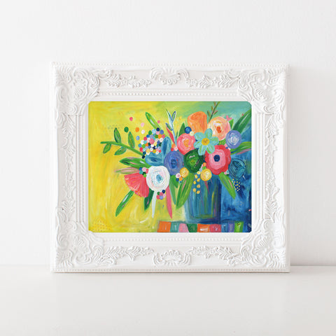 Yellow and Navy Multicolored Floral Painting Art Print