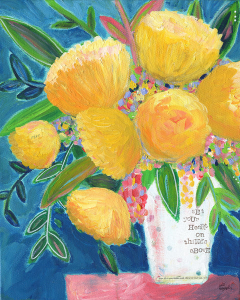 Navy and Yellow Floral Painting Art Print. Set your Heart on things above.