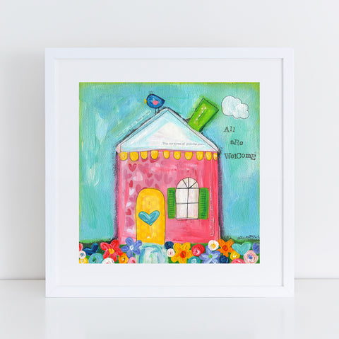 Welcome House Art Print. Original Whimsical House painting.
